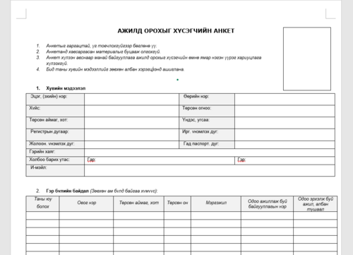 CV ажлын анкет